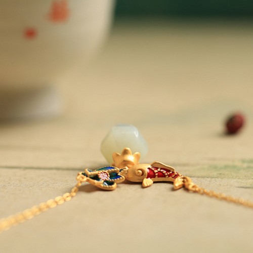 925 Sterling Silver White Jade Koi Fish Lotus Necklace 925 Sterling Silver White Jade Koi Fish Lotus Necklace