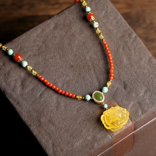 Red Agate Amber Peony Confidence Necklace Pendant