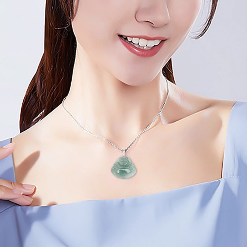925 Sterling Silver Laughing Buddha Jade Protection Necklace