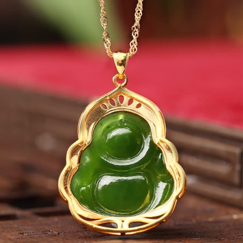 925 Sterling Silver Jade Laughing Buddha Necklace