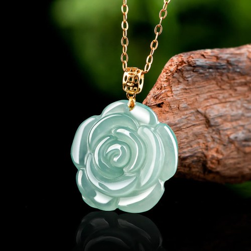 Gold Sterling Silver Natural Jade Rose Luck Necklace Gold Sterling Silver Natural Jade Rose Luck Necklace