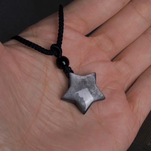 Natural Silver Sheen Obsidian Crescent Moon Protection Necklace