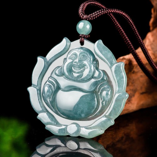 Natural Jade Laughing Buddha Lotus Pattern Necklace