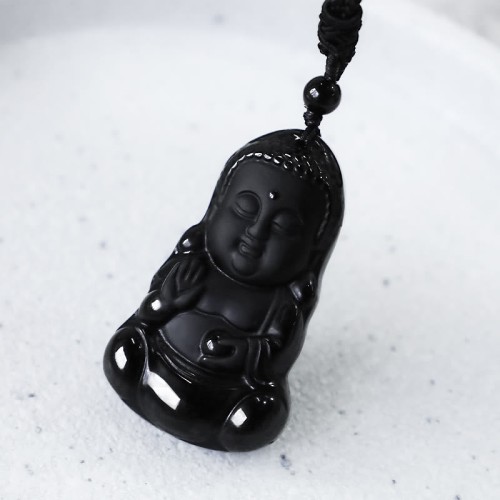 Black Obsidian Crystal Buddha Protection Necklace Black Obsidian Crystal Buddha Protection Necklace