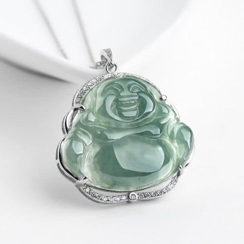 Sterling Silver Laughing Buddha Jade Luck Necklace