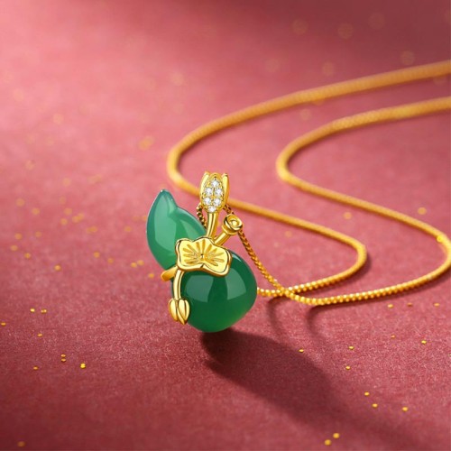 Cyan Jade Gourd Lotus Leaf Abundance Necklace Cyan Jade Gourd Lotus Leaf Abundance Necklace