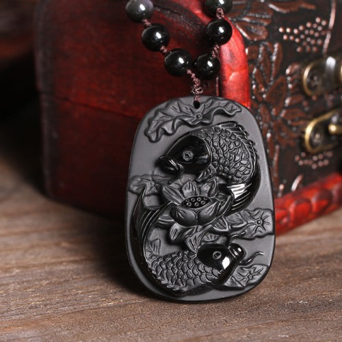 Black Obsidian Koi Fish Lotus Strength Necklace Black Obsidian Koi Fish Lotus Strength Necklace