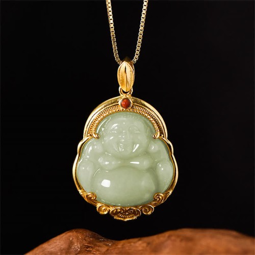 Sterling Silver Laughing Buddha Jade Luck Necklace