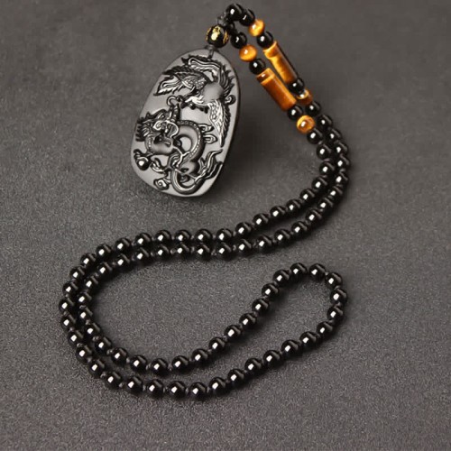 Black Obsidian Tiger Eye Dragon Phoenix Necklace Black Obsidian Tiger Eye Dragon Phoenix Necklace