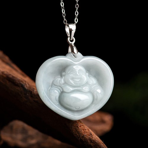 925 Silver Laughing Buddha White Jade Luck Necklace