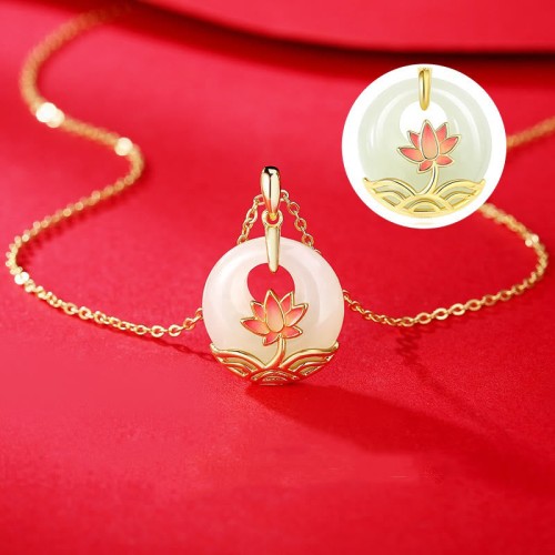 925 Sterling Silver Hetian White Jade Lotus Necklace