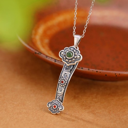 925 Sterling Silver Red Agate Cyan Jade Ruyi Blessing Necklace 925 Sterling Silver Red Agate Cyan Jade Ruyi Blessing Necklace