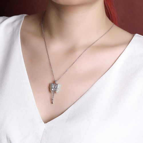 925 Sterling Silver Hetian White Jade Butterfly Blessing Necklace 925 Sterling Silver Hetian White Jade Butterfly Blessing Necklace