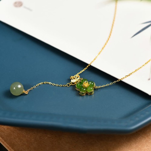 Hetian Cyan Jade Plum Flower Luck Necklace Pendant