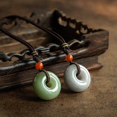 Round Jade Gray Jade Peace Luck Necklace Pendant