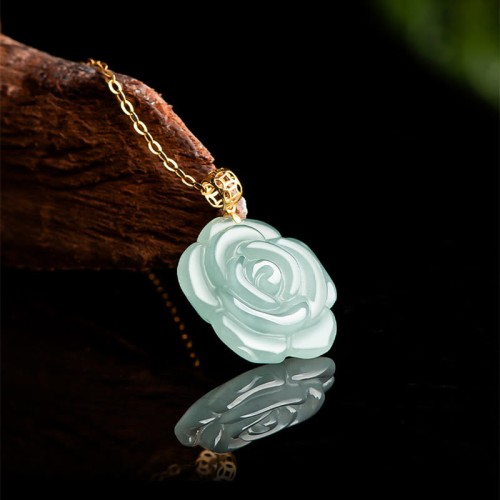 Gold Sterling Silver Natural Jade Rose Luck Necklace Gold Sterling Silver Natural Jade Rose Luck Necklace