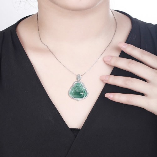 925 Sterling Silver Laughing Buddha Jade Luck Necklace Pendant