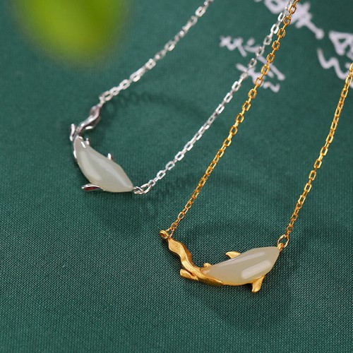 925 Silver White Jade Dolphin Luck Necklace