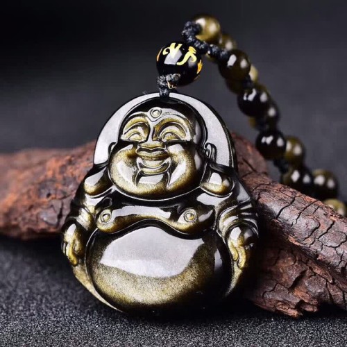 Laughing Buddha Gold Obsidian Wealth Necklace