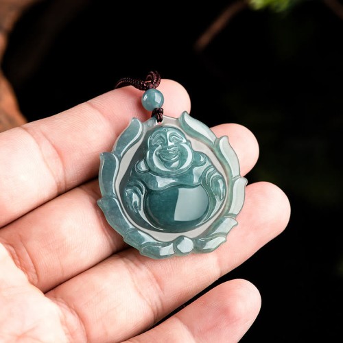 Natural Jade Laughing Buddha Lotus Pattern Necklace