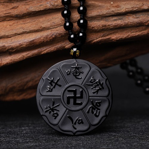 Natural Black Obsidian Om Mani Padme Hum Luck Necklace Natural Black Obsidian Om Mani Padme Hum Luck Necklace