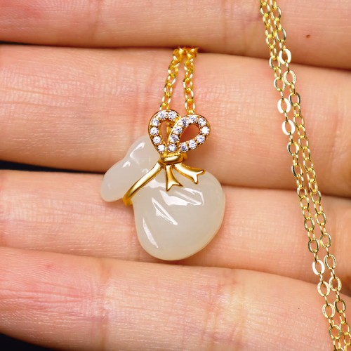 Natural Hetian White Jade Money Bag Necklace