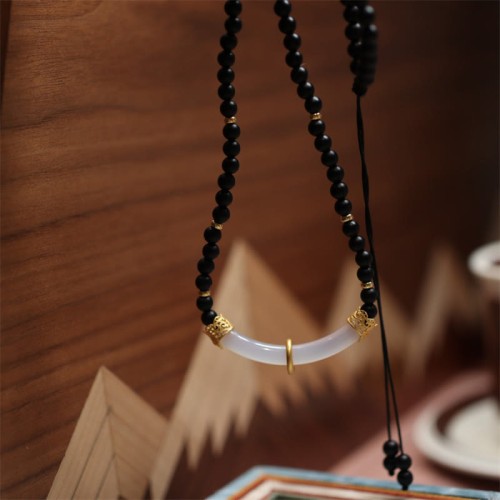 Black Onyx Chalcedony Protection Beaded Pendant
