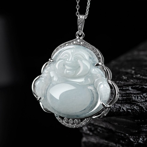 925 Sterling Silver Laughing Buddha Jade Necklace