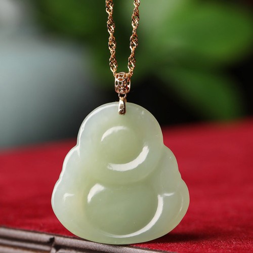 Sterling Silver Laughing Buddha Cyan Jade Success Necklace