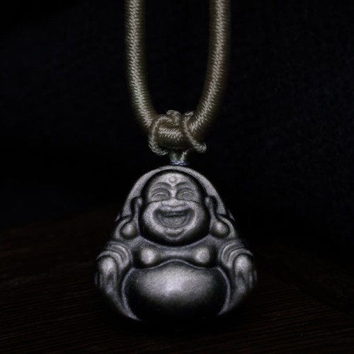 Silver Sheen Obsidian Laughing Buddha Protection Pendant