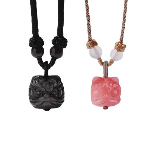 Silver Sheen Obsidian Red Agate Dancing Lion Necklace