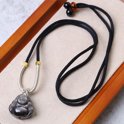 Silver Sheen Obsidian Laughing Buddha Protection Pendant