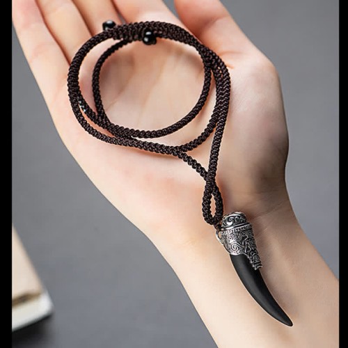 925 Silver Black Obsidian Wolf Tooth Strength Necklace 925 Silver Black Obsidian Wolf Tooth Strength Necklace