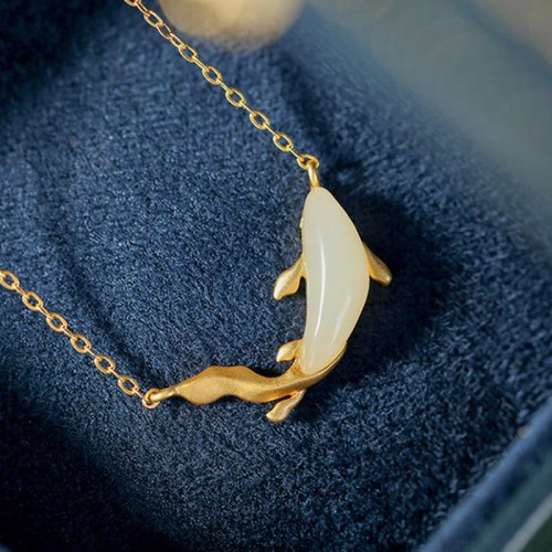 925 Silver White Jade Dolphin Luck Necklace