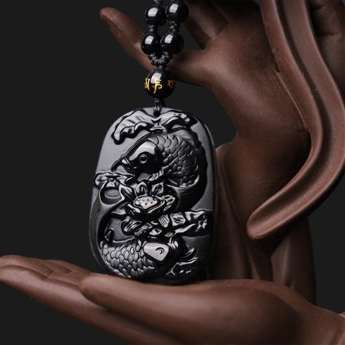 Black Obsidian Koi Fish Lotus Strength Necklace Black Obsidian Koi Fish Lotus Strength Necklace