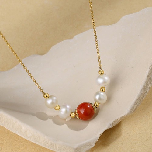 925 Silver Pearl Cinnabar Healing Bead Chain Necklace 925 Silver Pearl Cinnabar Healing Bead Chain Necklace