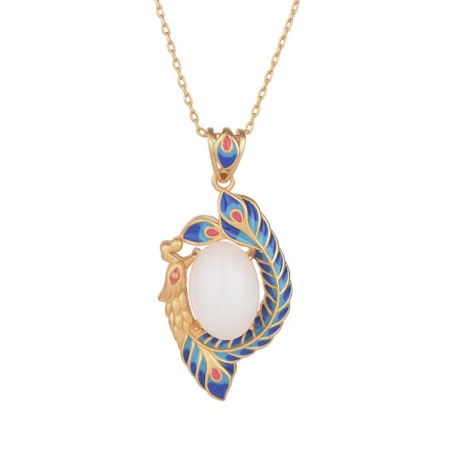 White Jade Peacock Copper Blessing Necklace Pendant White Jade Peacock Copper Blessing Necklace Pendant