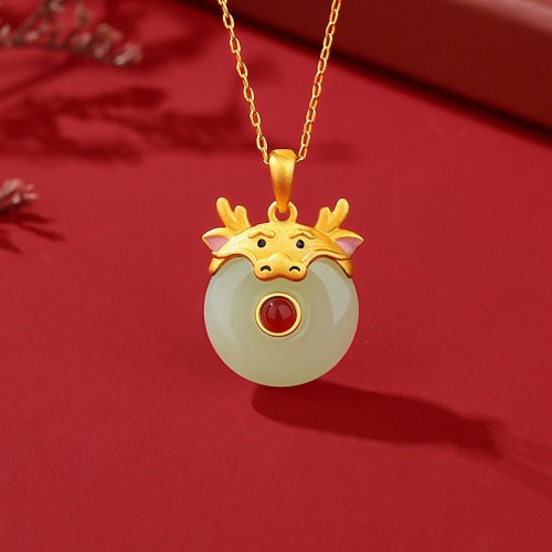 925 Sterling Silver Dragon Year Jade Protection Necklace Pendant 925 Sterling Silver Dragon Year Jade Protection Necklace Pendant