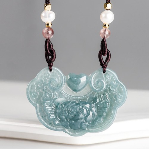 Natural Jade Peony Flower Luck Necklace Natural Jade Peony Flower Luck Necklace