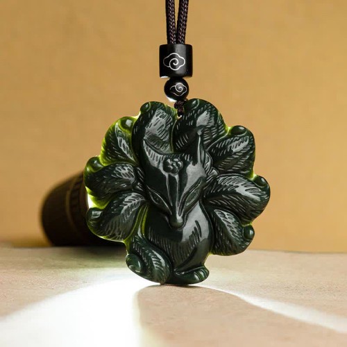 Hetian Cyan Jade Nine-Tailed Fox Luck Necklace