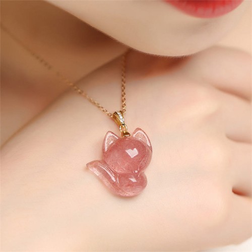 14k Gold Plated 925 Sterling Silver Strawberry Quartz Fox Healing Pendant 14k Gold Plated 925 Sterling Silver Strawberry Quartz Fox Healing Pendant