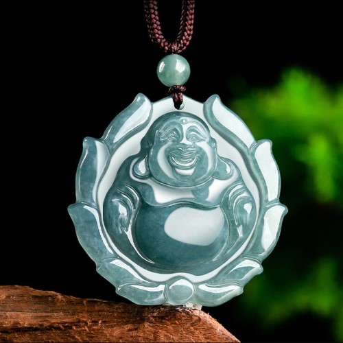 Natural Jade Laughing Buddha Lotus Pattern Necklace