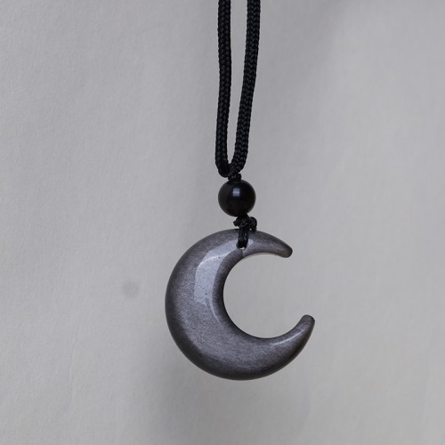 Natural Silver Sheen Obsidian Crescent Moon Protection Necklace
