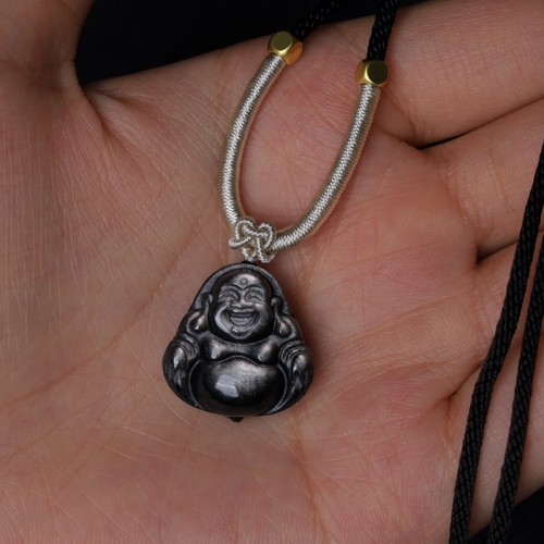 Silver Sheen Obsidian Laughing Buddha Protection Pendant