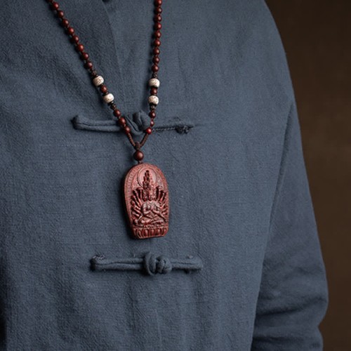 Chinese Zodiac Buddha Red Sandalwood Lotus Necklace