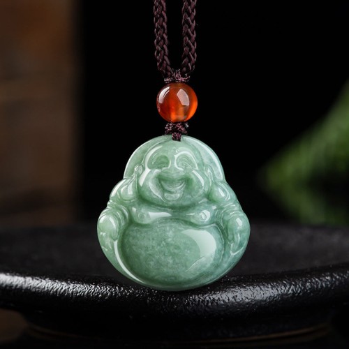 Laughing Buddha Cyan Jade Success Necklace Pendant Laughing Buddha Cyan Jade Success Necklace Pendant