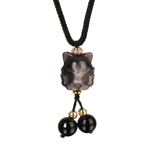 Silver Sheen Obsidian Nine-Tailed Fox Protection Necklace
