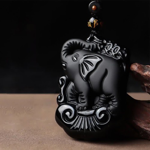 Black Obsidian Elephant Protection Key Chain Necklace Pendant