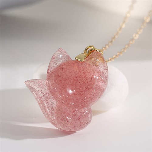 14k Gold Plated 925 Sterling Silver Strawberry Quartz Fox Healing Pendant 14k Gold Plated 925 Sterling Silver Strawberry Quartz Fox Healing Pendant