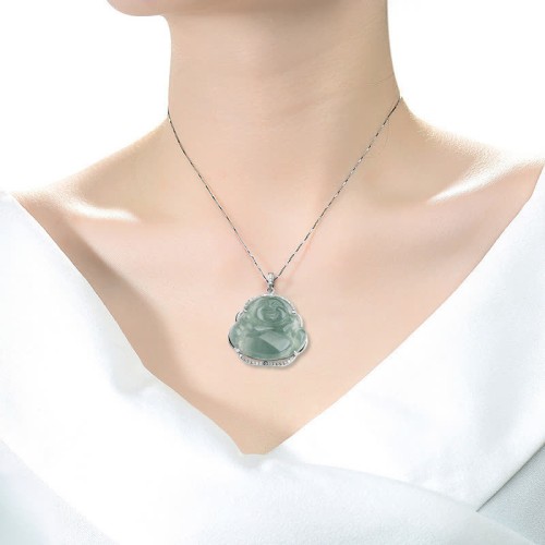 Sterling Silver Laughing Buddha Jade Luck Necklace